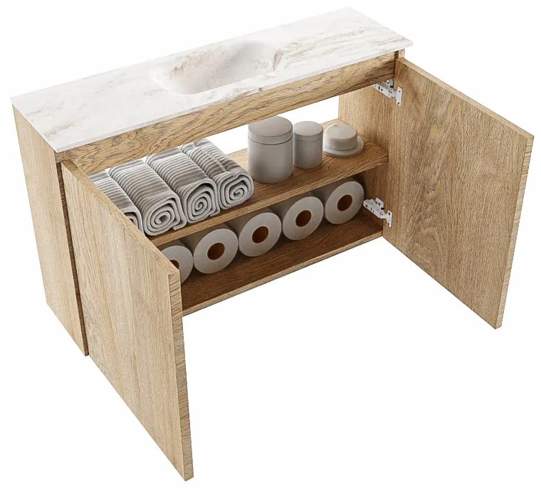 Mondiaz Ture DLux toiletmeubel 80cm washed oak met wastafel frappe midden zonder kraangat