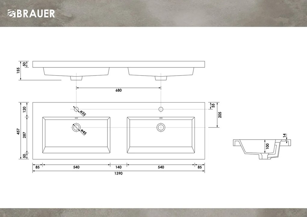 Brauer Solar Medium dubbele wastafel mineraalmarmer 140cm met 2 kraangaten wit mat