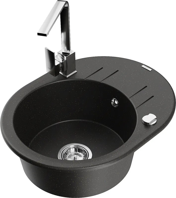 Mexen Kevin granieten spoelbak met 1 bak en afdruiprek en keukenmengkraan Rita, zwart/goud metallic - 6517-75-670300-00