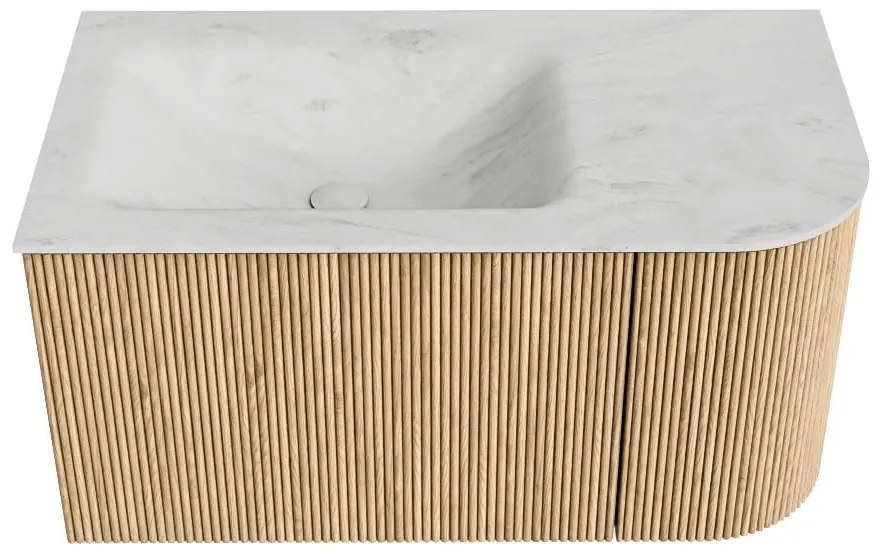 Mondiaz Kurve-dlux 85cm badmeubel ronding rechts oak met 1 lade en deur en wastafel cloud links zonder kraangat opalo