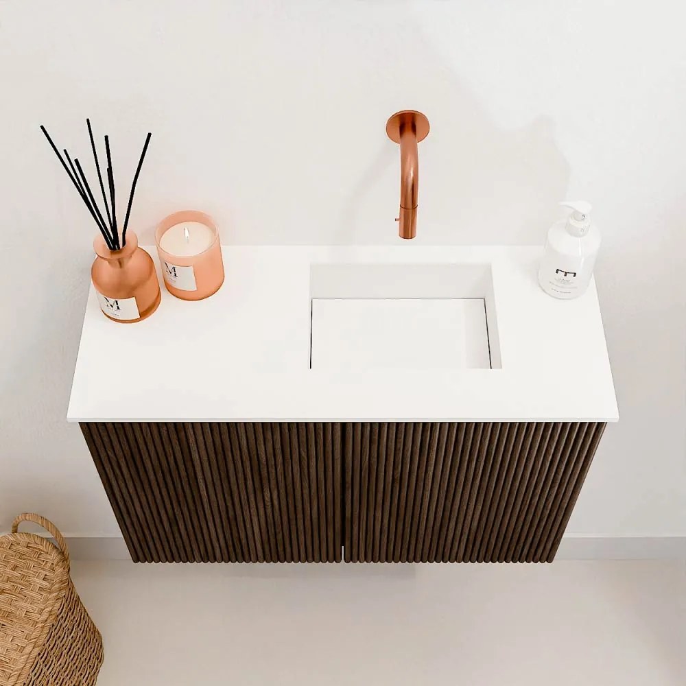 Mondiaz Joya 60cm toiletmeubel walnut met wastafel faye rechts zonder kraangat talc