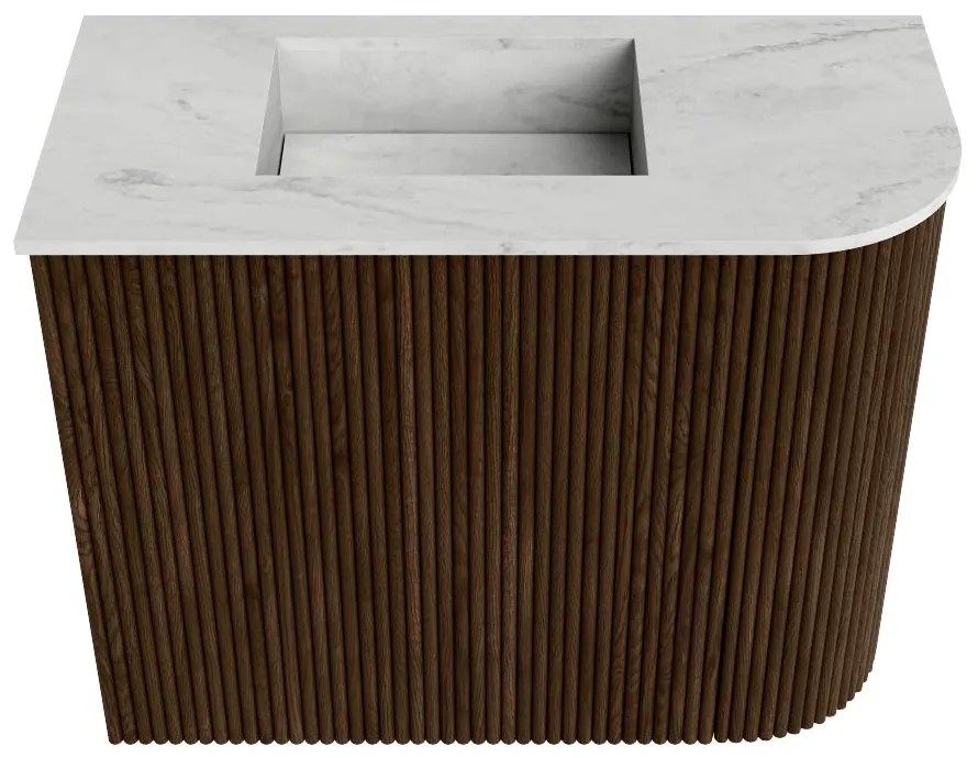 Mondiaz Joya DLux 50cm toiletmeubel ronding rechts walnut met wastafel faye links 1 kraangat opalo