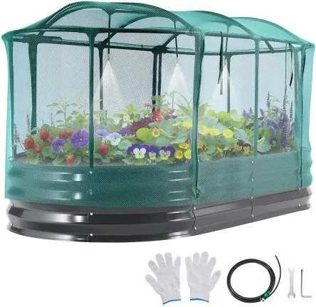 VEVOR Verhoogd Tuinbed 180x90x30 cm, Ovaal Tuinbed met Irrigatiesysteem &amp; Netafdekking, Buitenplantenbakset, Bloembed, Plantbed, Geschikt voor Bloemen, Fruit &amp; Groenten, Donkergrijs