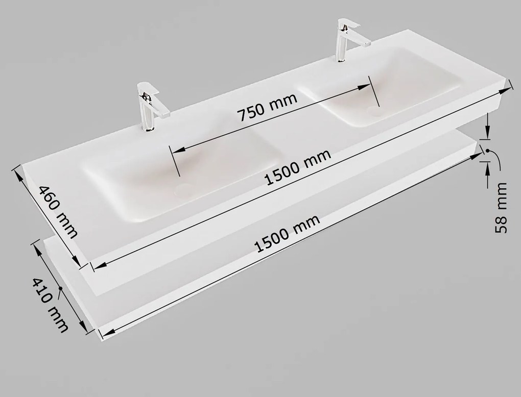 Mondiaz Alan DLux planchet 150cm met wastafel dubbel 2 kraangaten frappe