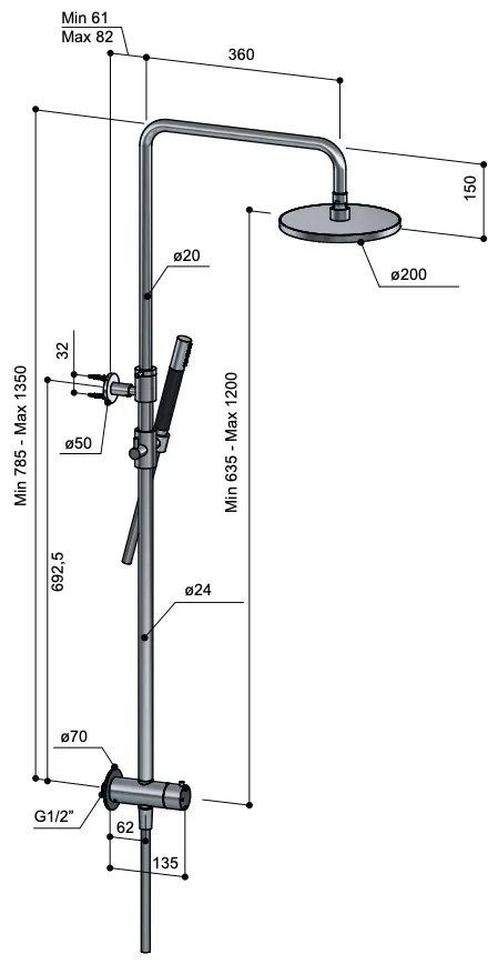 Hotbath Cobber M438 stortdouche met staafhanddouche en 20cm hoofddouche zwart chroom