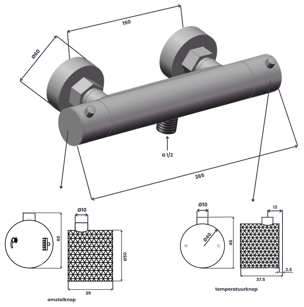 Saniclear Iron Curved opbouw douchethermostaat verouderd ijzer - gunmetal