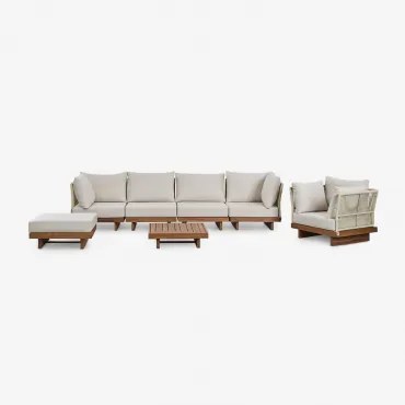 Woonkamerset Met 4-delige Modulaire Bank Met 2 Hoekstoelen, Salontafel, Fauteuil En Poef In Dailin Acaciahout Acacia Bruin - Sklum