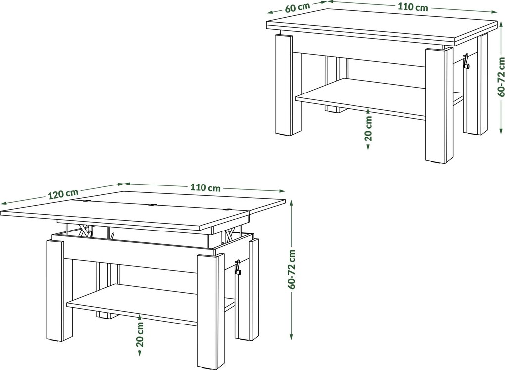 BRAVO beton / wit – uitschuifbare en in hoogte verstelbare salontafel, tafel met plank