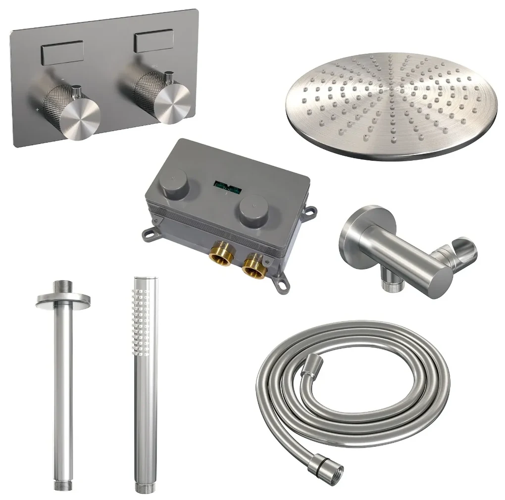 Brauer Brushed Carving thermostatische inbouw regendouche met staafhanddouche, plafondarm en hoofddouche 30cm set 54 RVS geborsteld PVD