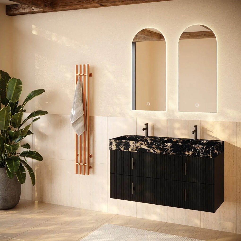 Muebles Murcia badmeubel ribbelfront 120cm zwart mat met Portoro Gold wastafel met kraangaten