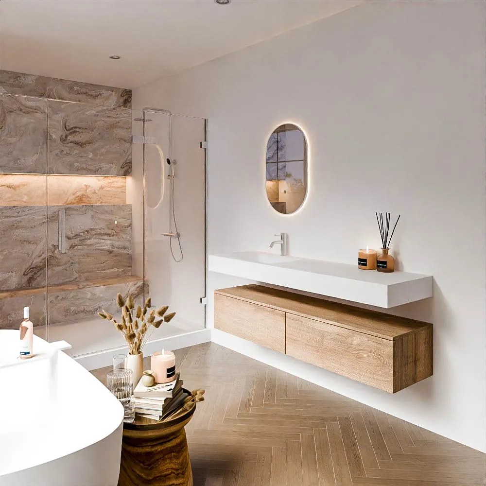 Zaro Alan badmeubel 160cm washed oak 2 lades met vrijhangende wastafel cloud links 1 kraangat talc