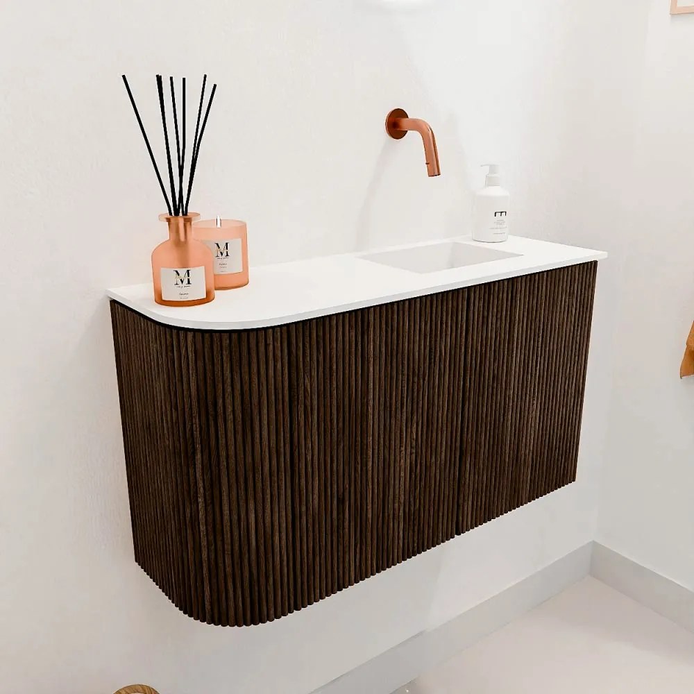 Mondiaz Joya 70cm toiletmeubel ronding links walnut met wastafel faye rechts zonder kraangat talc
