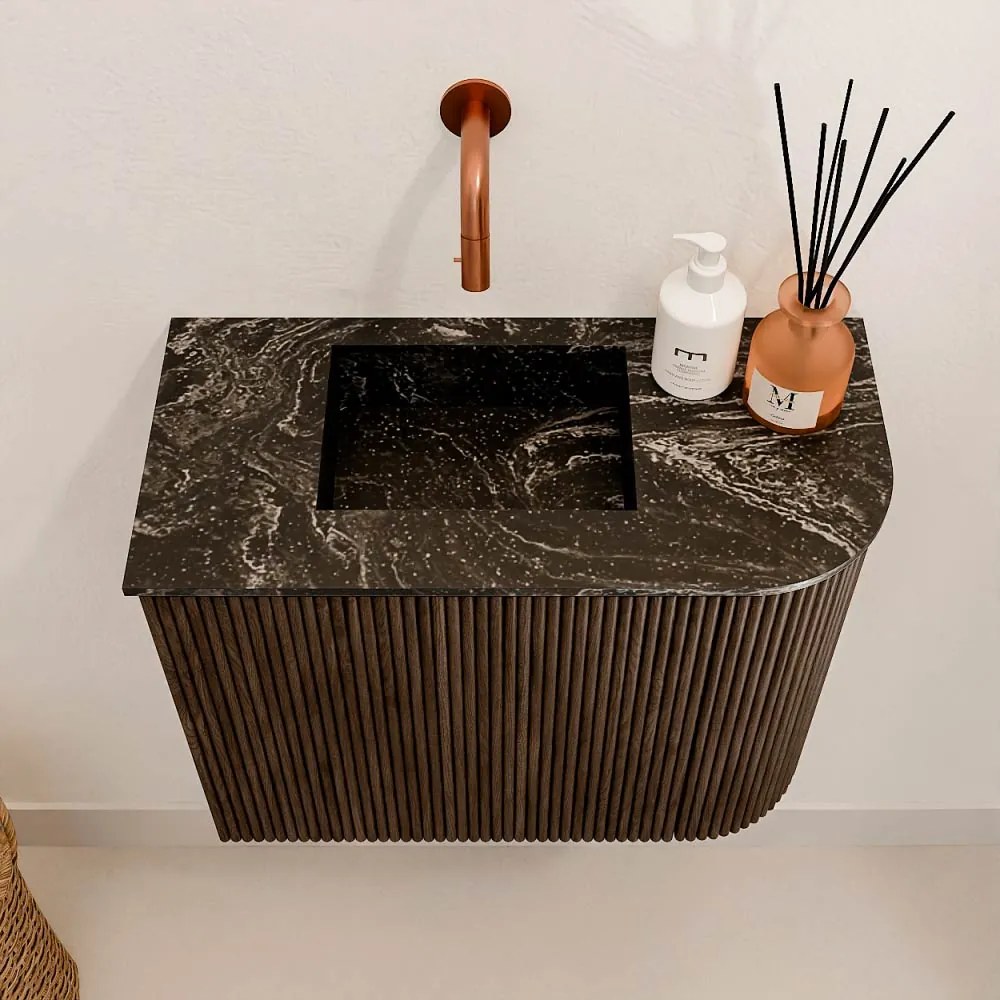 Mondiaz Joya DLux 50cm toiletmeubel ronding rechts walnut met wastafel faye links zonder kraangat lava