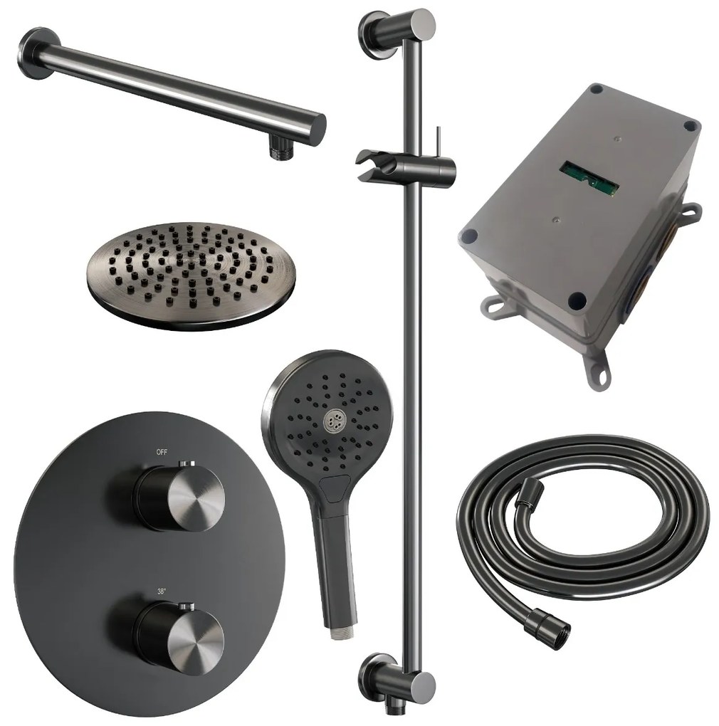 Brauer Gunmetal Edition thermostatische inbouw regendouche met 3 standen handdouche, rechte muurarm, glijstang en hoofddouche 20cm set 91 gunmetal geborsteld PVD