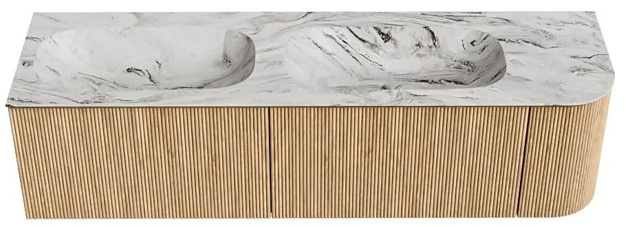 Mondiaz Kurve-dlux 165cm badmeubel ronding rechts oak met 2 lades en 1 deur en wastafel stor small dubbel/links zonder kraangat glace