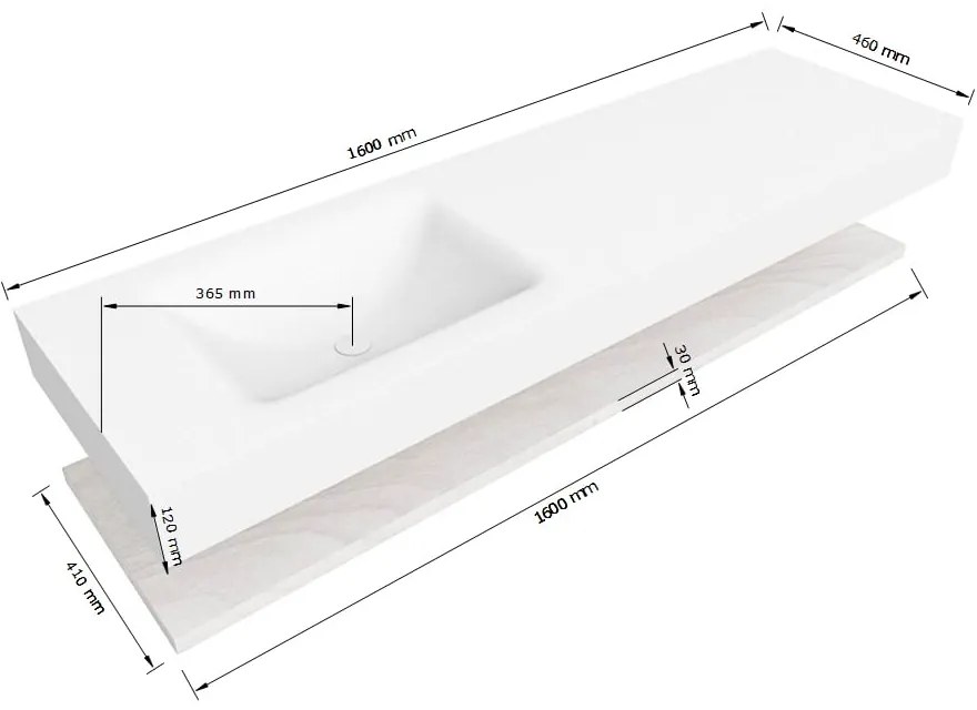 Zaro Alan badmeubel 160cm met planchet washed oak en vrijhangende wastafel cloud links zonder kraangat talc