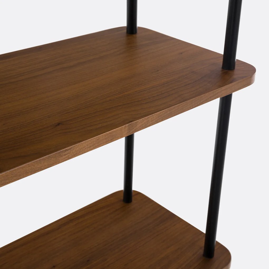 Asymmetrische boekenkast, walnootfineer en staal, KERRIE