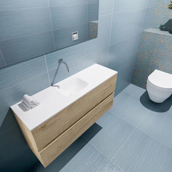 MONDIAZ ADA Toiletmeubel 100x30x50cm met 0 kraangaten 2 lades washed oak mat Wastafel Lex midden Solid Surface Wit FK75341988