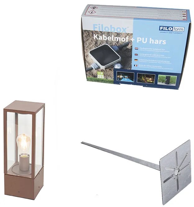 Buitenlamp roestbruin met grondpin en kabelmof 40cm IP44 - Charlois Industriele / Industrie / Industrial, Modern E27 IP44 Buitenverlichting