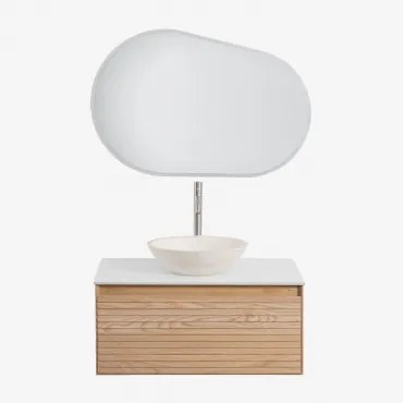 Tedrik Zwevend Badkamermeubelset Van Essenhout Ash Brown & Rond Cement Wit Ø40 Cm Zavion & Ovaal Led En Anticondens 100x80 Cm Riben & - Sklum