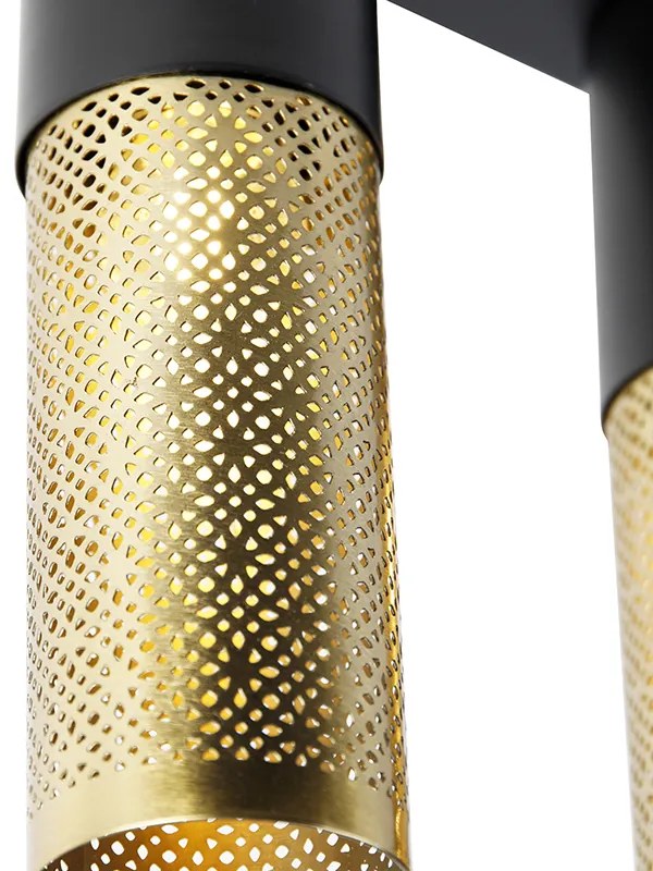 Industriële plafondlamp zwart met goud langwerpig 3-lichts - Raspi