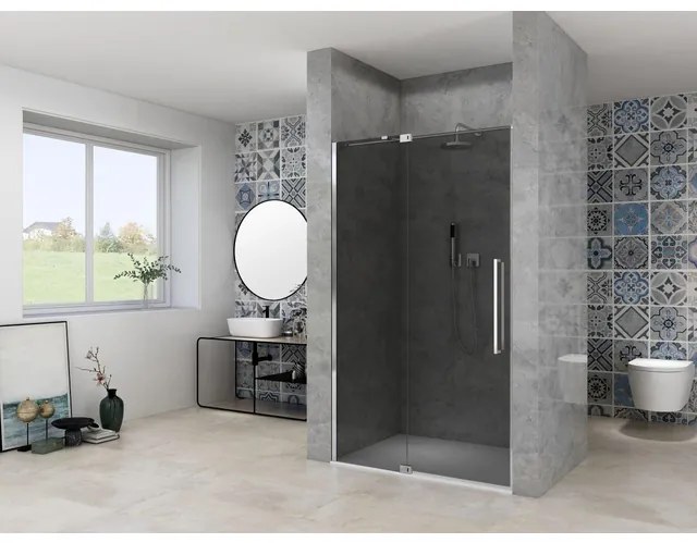 Van Rijn Products ST08 Nis Draaideur - 110x200cm - grijs rookglas - dikte 8mm - 2 delig - muurprofiel - stabilisatiestang - Chroom ST08300110GRCH