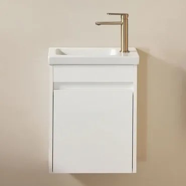 Badkamermeubelset In Hout Met Geïntegreerde Wastafel Narek Wit & Spiegelloze & Goud ↑20 Cm Met Aftapkraan Zonder Overloop - Sklum