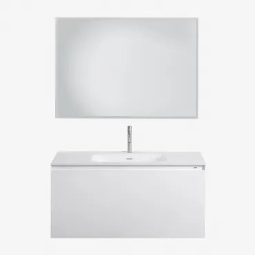 Macrae Zwevend Houten Badkamermeubelset Met Geïntegreerde Wastafel Wit & Rechthoekige Led En Anticondens 100x70 Cm Riben & Geborsteld Grijs ↑20 Cm Met