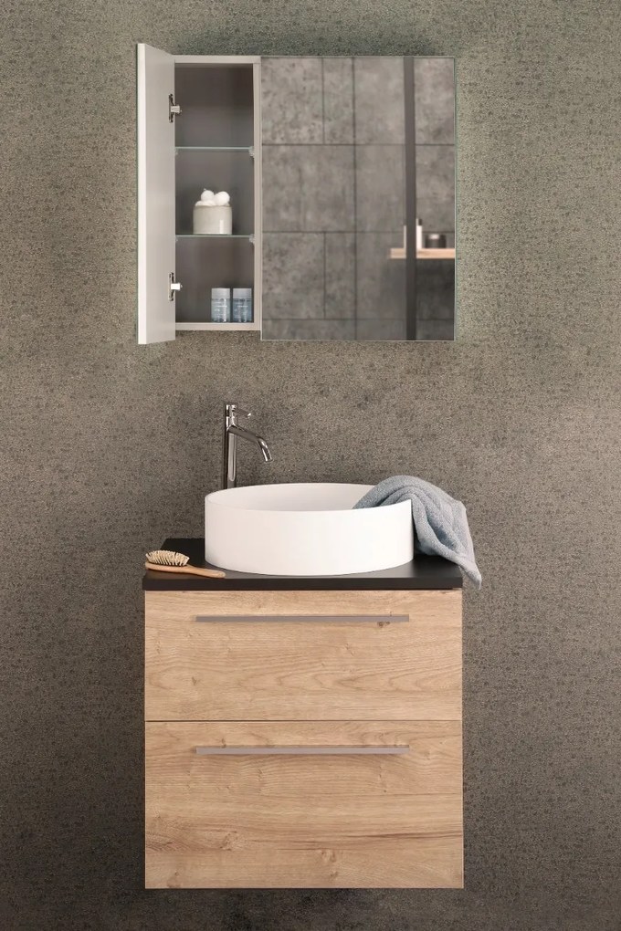 Differnz Fit badmeubel 60cm eiken licht met toppaneel zwart mat en spiegelkast