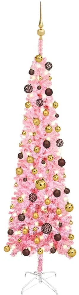 vidaXL Kerstboom met LED's en kerstballen smal 180 cm roze