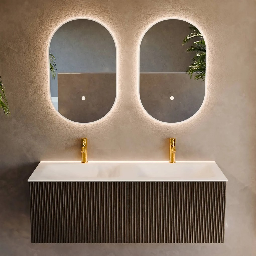 Mondiaz Kurve 120cm badmeubel shadow met 1 lade en wastafel cloud dubbel 2 kraangaten