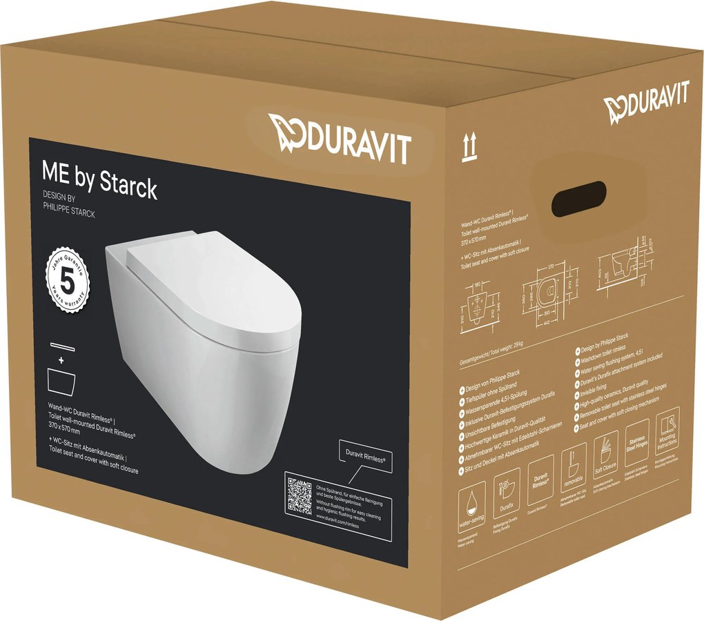 Duravit ME by Starck randloos hangtoilet inclusief toiletbril 37x57x35,5cm Wit