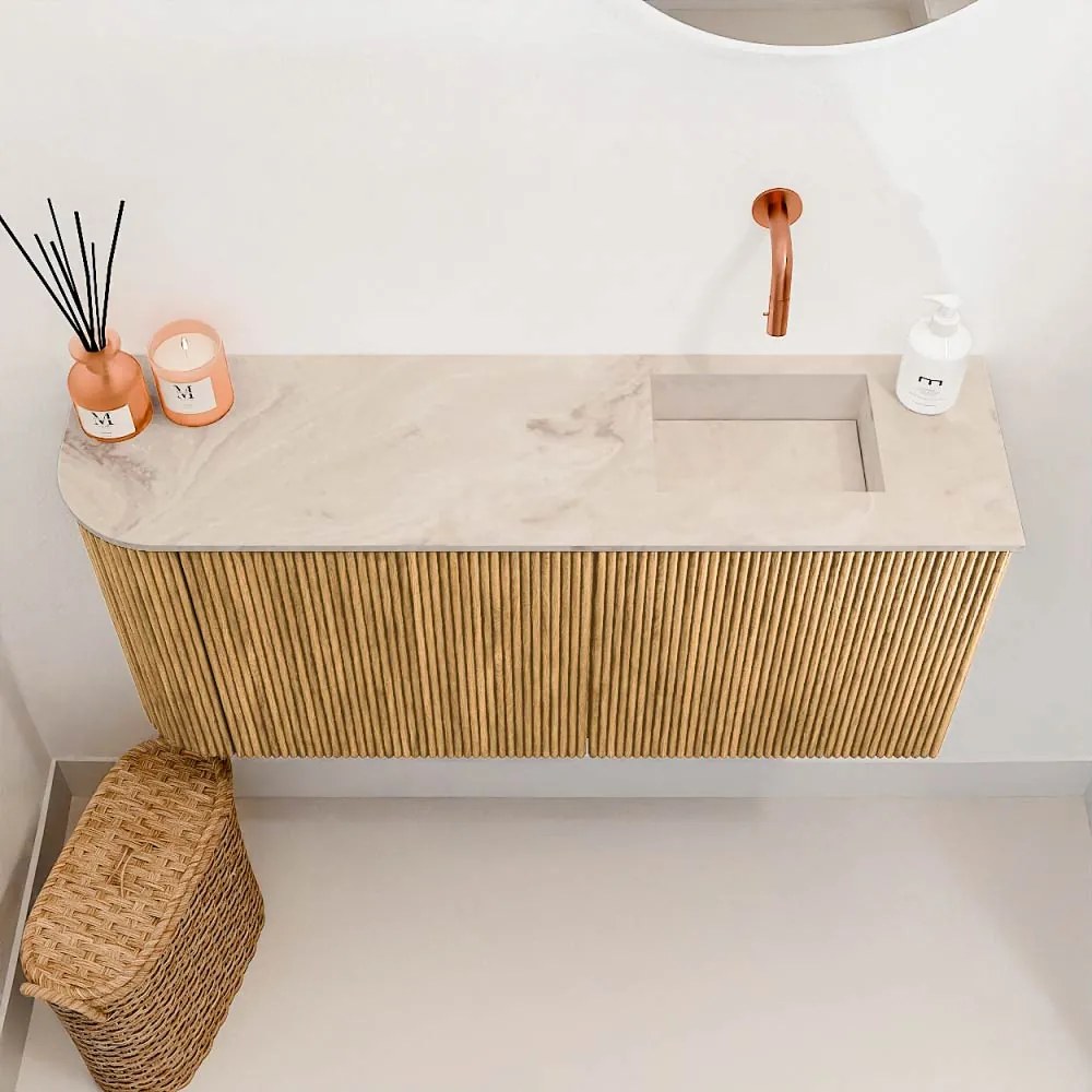 Mondiaz Joya DLux 90cm toiletmeubel ronding links oak met wastafel faye rechts zonder kraangat frappe
