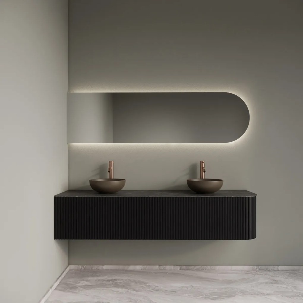 Gliss Design Alluro badmeubel ribbelfront met ronding rechts 180cm black en zwart leisteen toppaneel