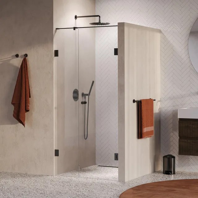 BRAUER Void Carving Nisdeur - 2-delig - 90x200cm - 60cm draaideur aan muur - glascoating - omkeerbaar - helder glas - geborsteld gunmetal PVD GS-VOCN2H6030200GM