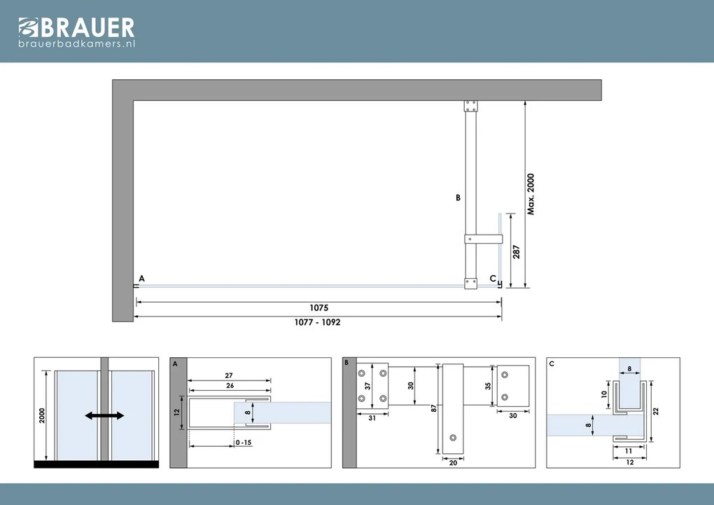 Brauer Oblivion inloopdouche helder glas 110cm met 30cm zijwand koper geborsteld PVD