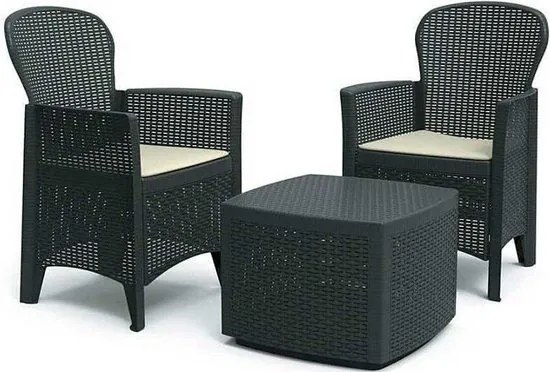 Pro-Garden tuinset'Florence'antraciet 5 delig: 2 stoelen + bijzet tafel + 2 stoelkussens