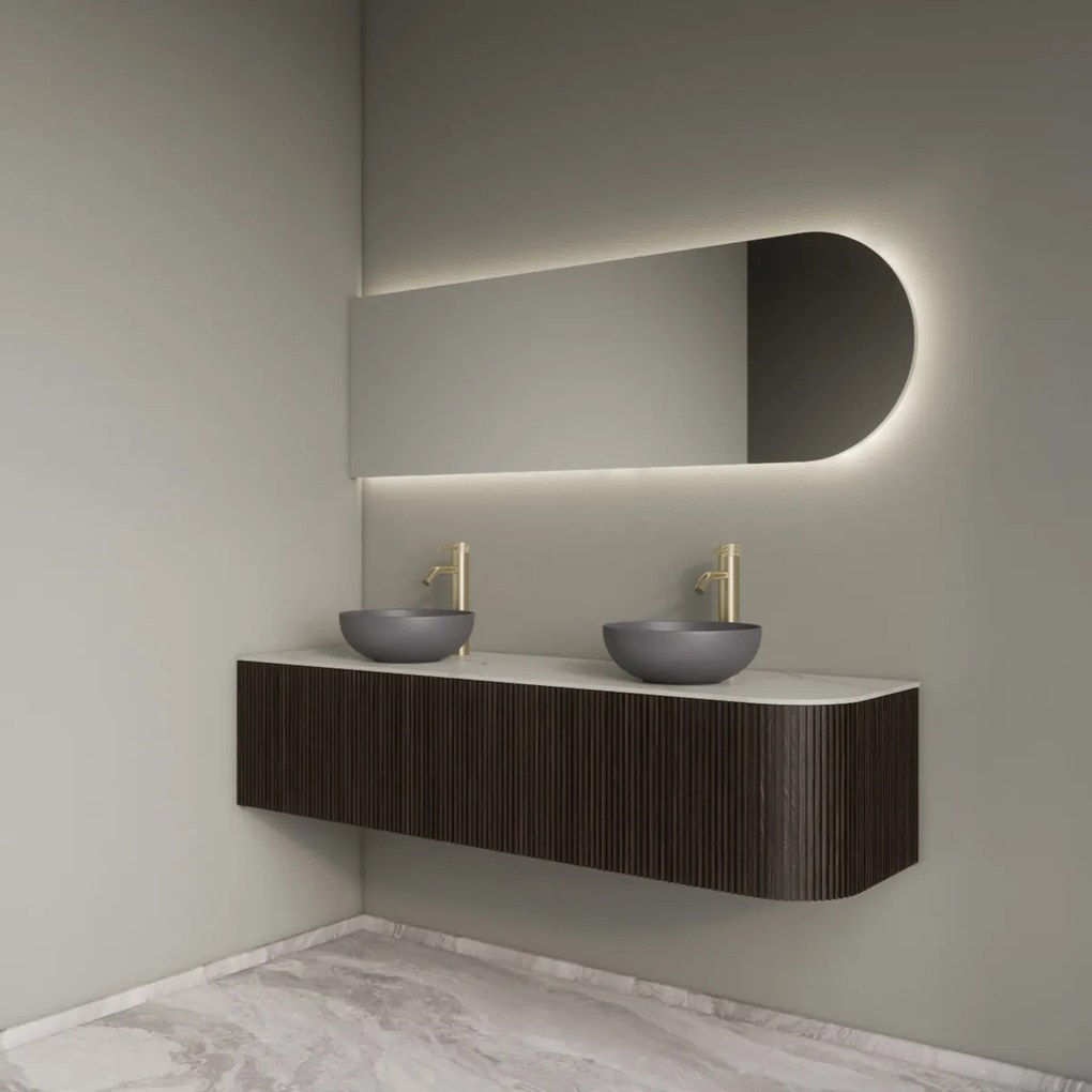 Gliss Design Alluro badmeubel ribbelfront met ronding rechts 160cm ebony en wit marmer toppaneel
