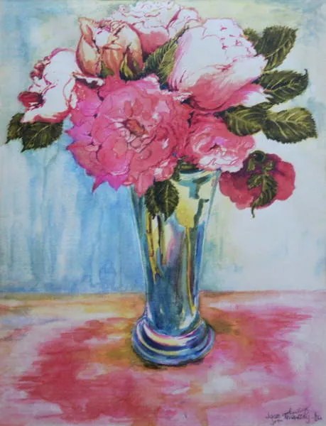 Joan Thewsey - Kunstdruk Pink Roses in a Blue Glass, 2000,, (30 x 40 cm)