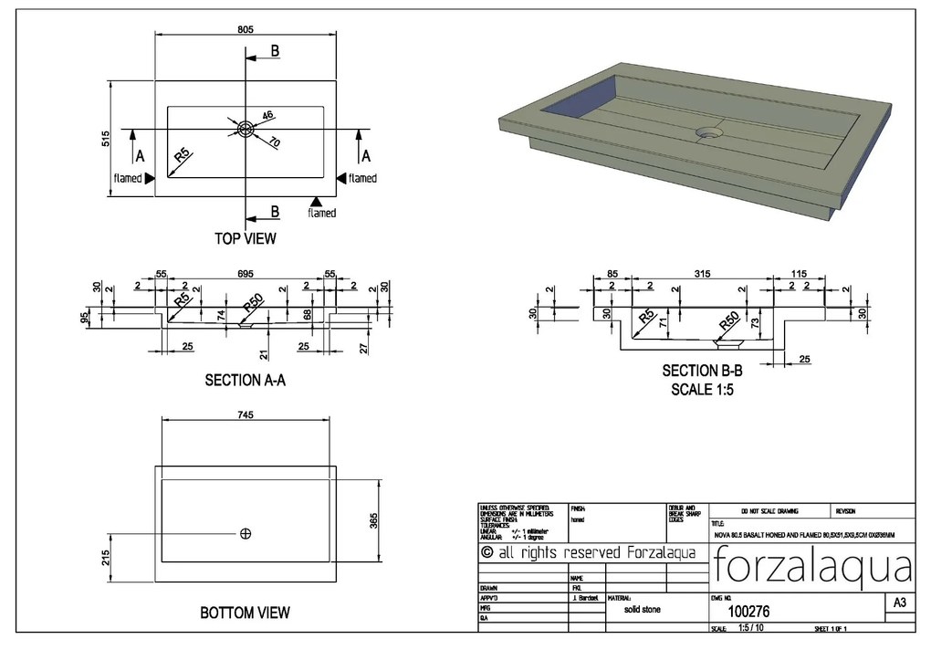 Forzalaqua Nova wastafel 80x50cm zonder kraangat graniet gezoet en gefrijnd