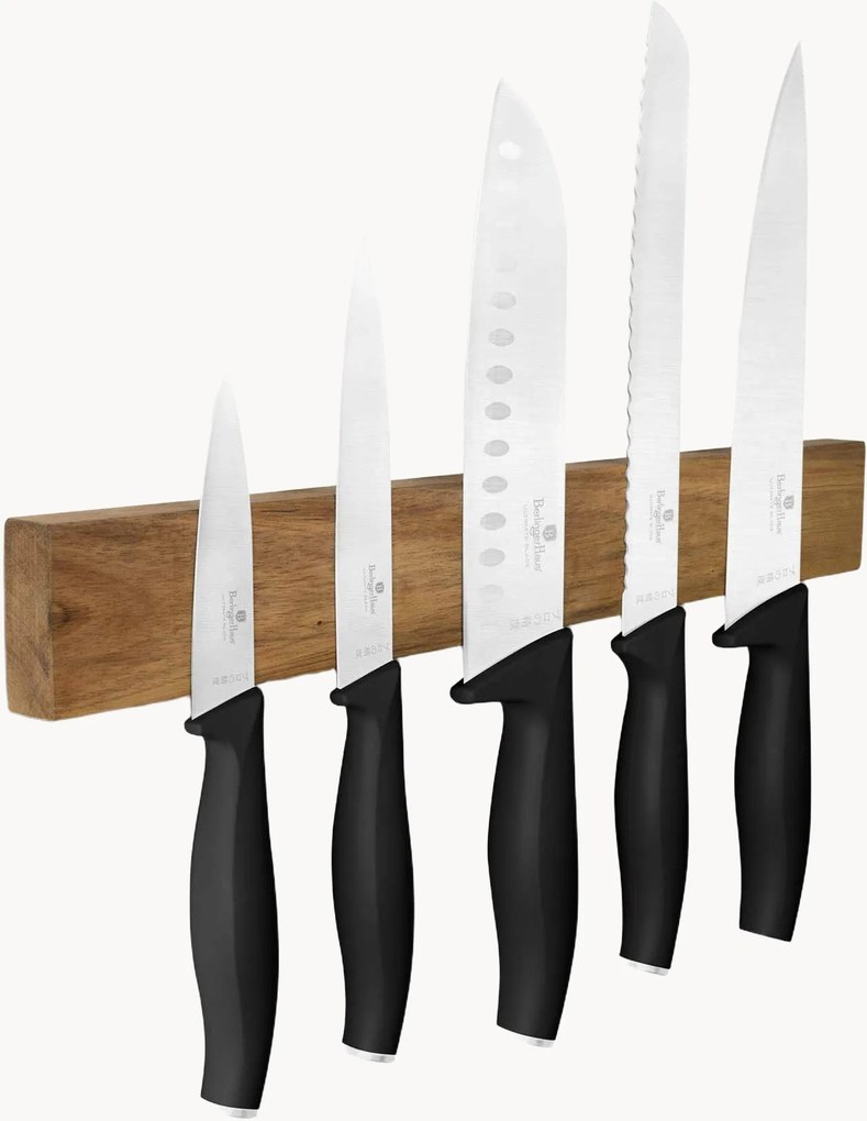 Keukenmessen Matte Black met acaciahouten magneetbeugel, 6-delig