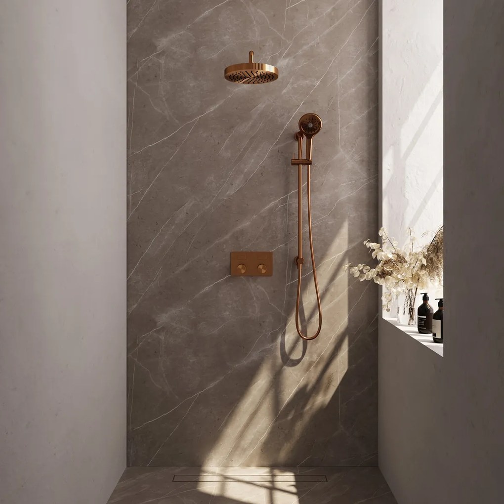 Brauer Stripe inbouw regendouche met 25cm hoofddouche, gebogen muurarm, 3 standen handdouche en glijstang set 35 koper geborsteld PVD