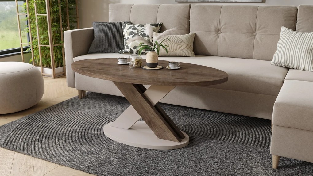 Mazzoni LOXA Walnoot Elegant / Taupe Beige - OVALE SALONTAFEL 120x65 cm