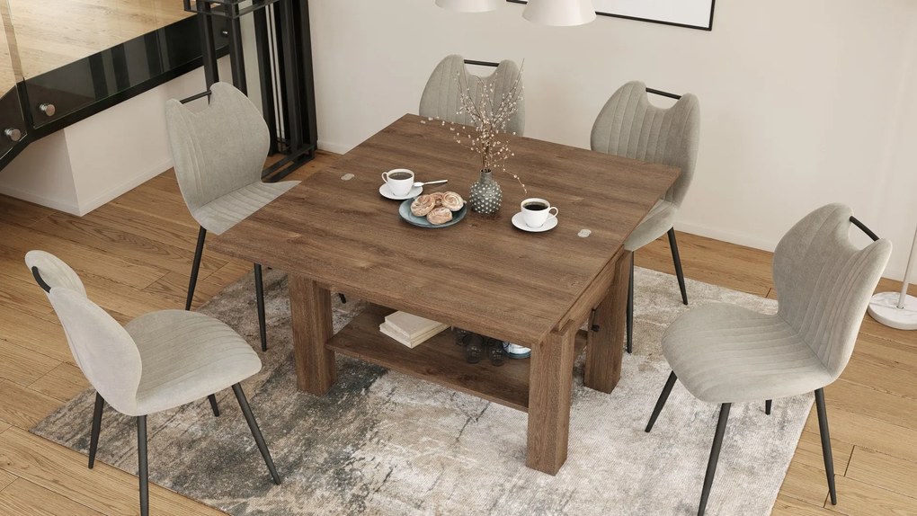 BRAVO bruin eiken – uitschuifbare en in hoogte verstelbare salontafel, tafel met plank