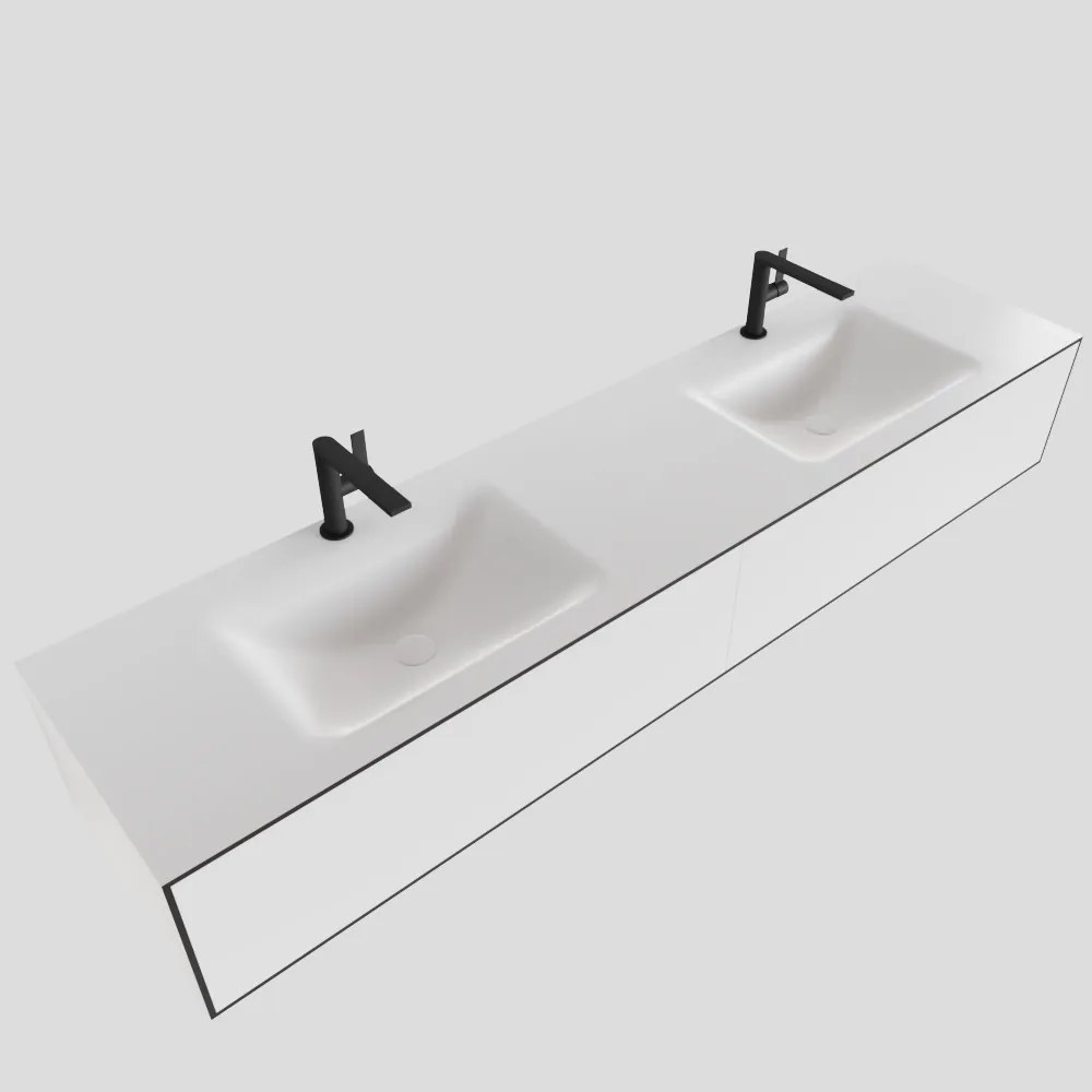 Zaro Lagom volledig naadloos solid surface onderkast 190cm mat zwart met 2 lades Push tot open. Compleet met solid surface wastafel met 2 kraangat(en)