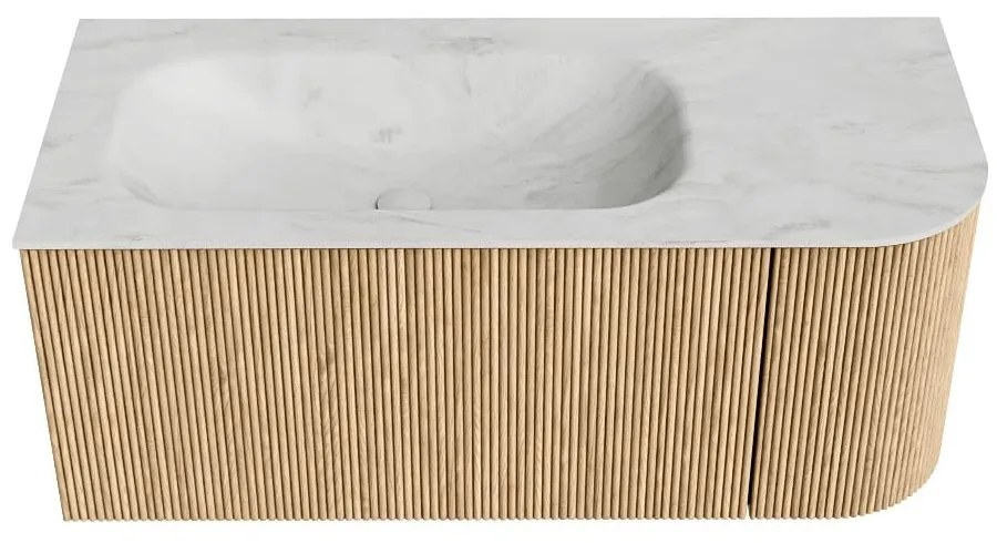 Mondiaz Kurve-dlux 105cm badmeubel ronding rechts oak met 1 lade en deur en wastafel big small links zonder kraangat opalo