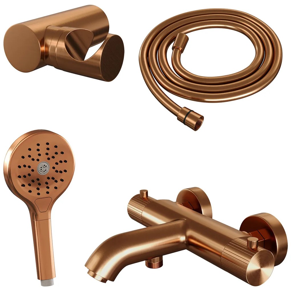 Brauer Stripe thermostatische badkraan met wandhouder en 3 standen handdouche koper geborsteld PVD