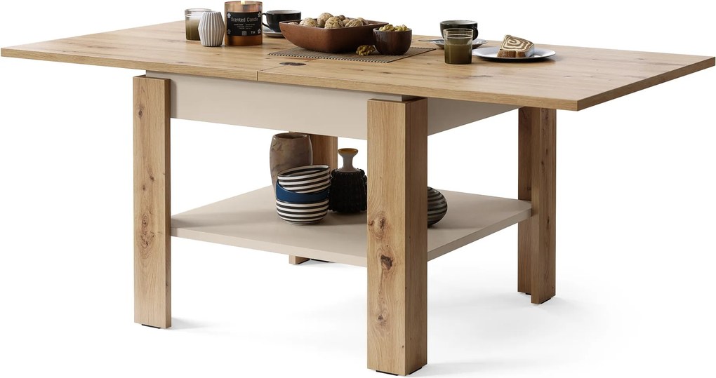 LEO Artisan Eiken / beige - KOFFIETAFEL MET UITKLAPBAAR BLAD
