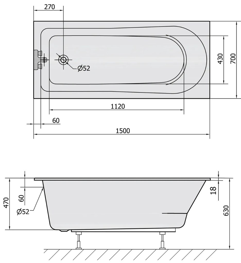 Polysan Lisa Slim ligbad 150x70x47cm wit