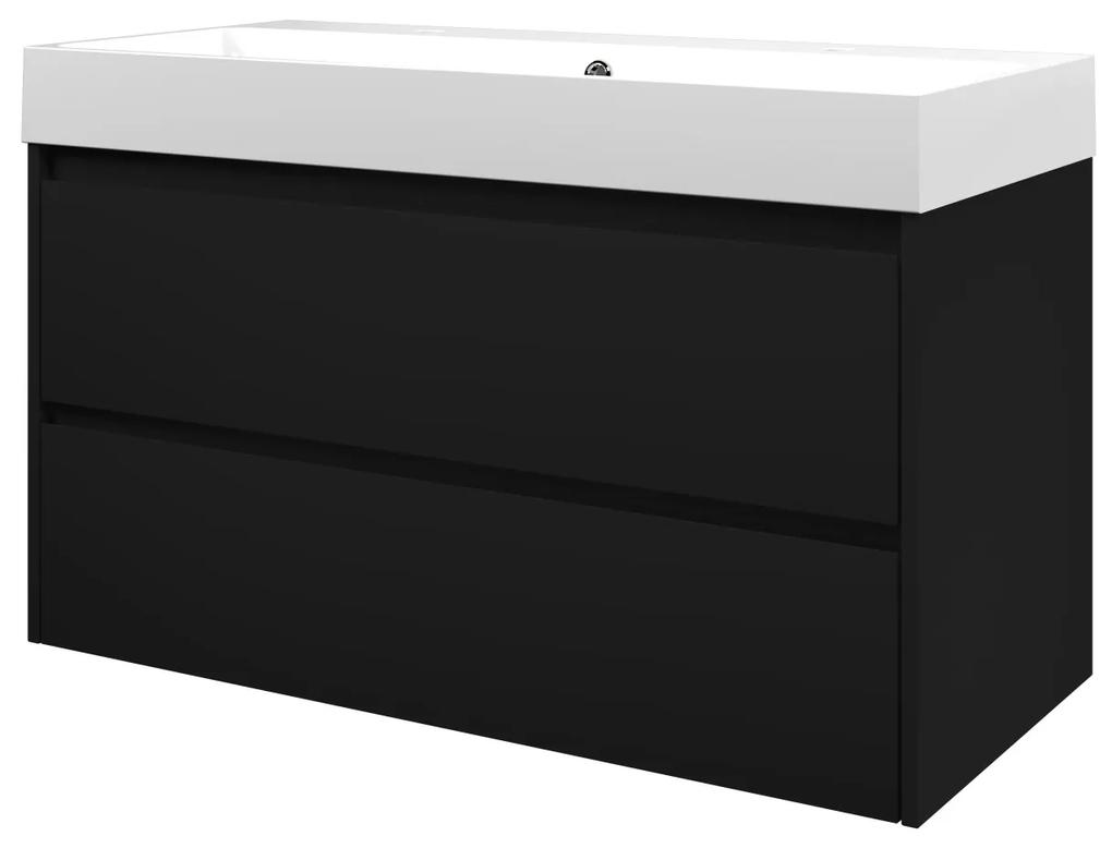 Proline Loft badmeubel met polystone wastafel met 2 kraangaten en onderkast symmetrisch - Mat zwart/Glans wit - 100x46cm (bxd)